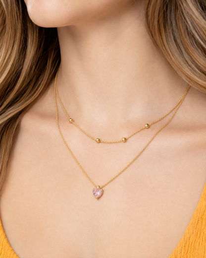 Jula Crystal Heart Layered Necklace — Gold wearing macro