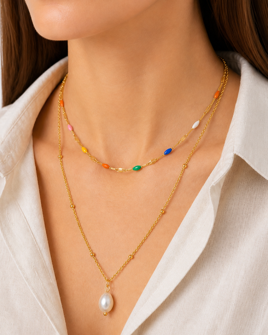 Akoya Layered Pearl Necklace - model detail crop