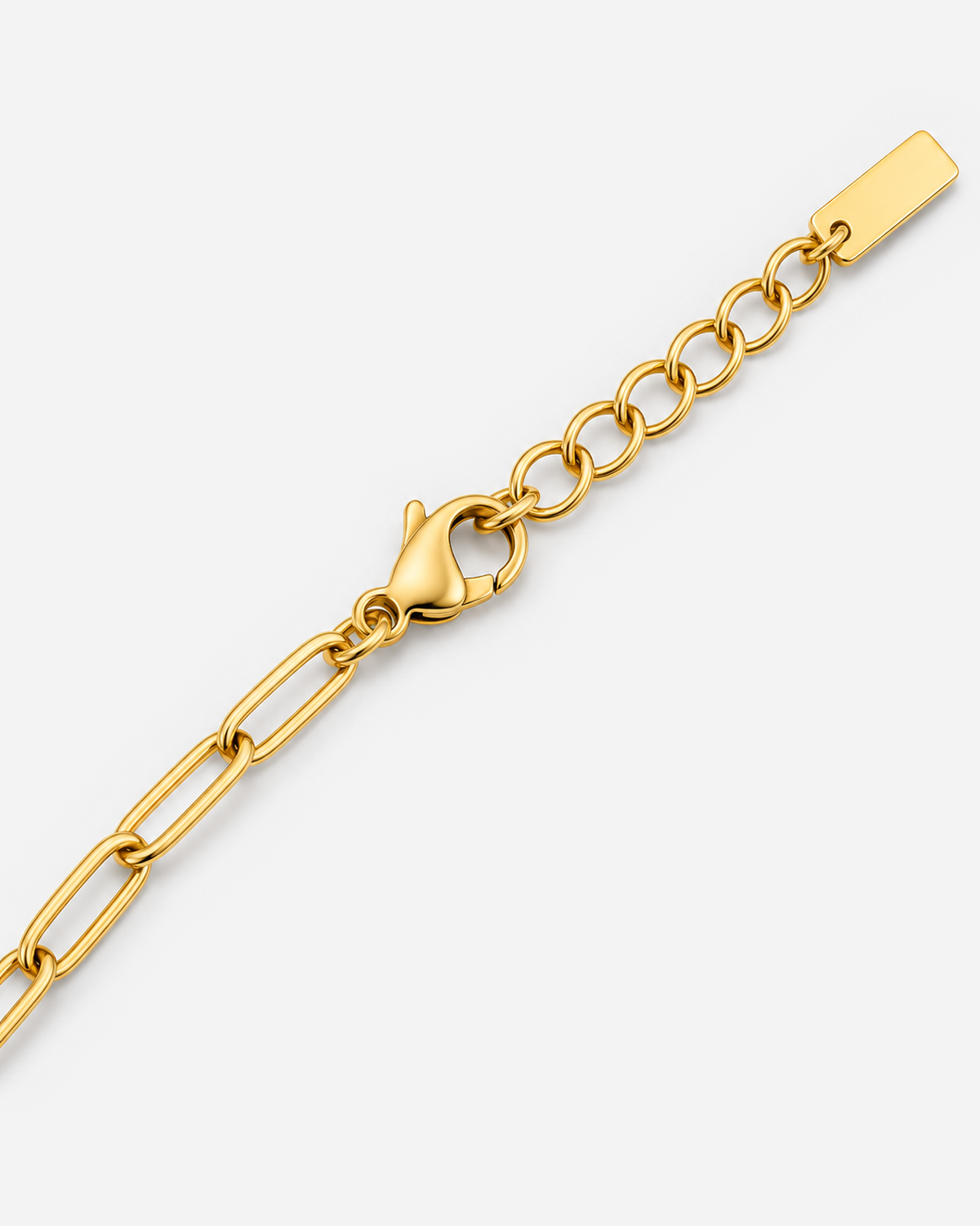 Lucienne Paperclip Bracelet — Gold open lobster clasp, extender chain and rectangular end-tag closure detail