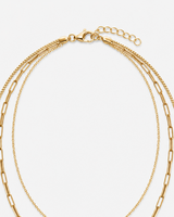 Gold lobster clasp, oval-link extender and three-layer chain closure detail
