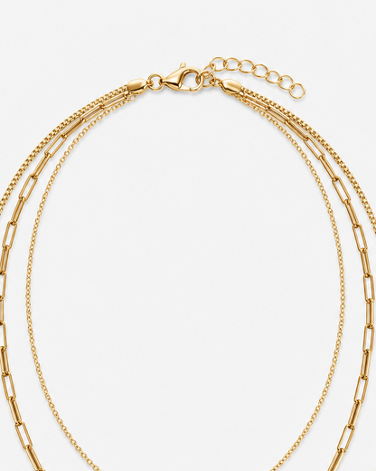 Gold lobster clasp, oval-link extender and three-layer chain closure detail