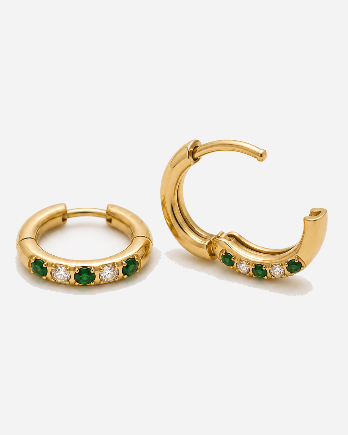 Maeva Oasis Green Hoops Earrings — Gold hinged curved post and receiver closure detail with green and clear stones
