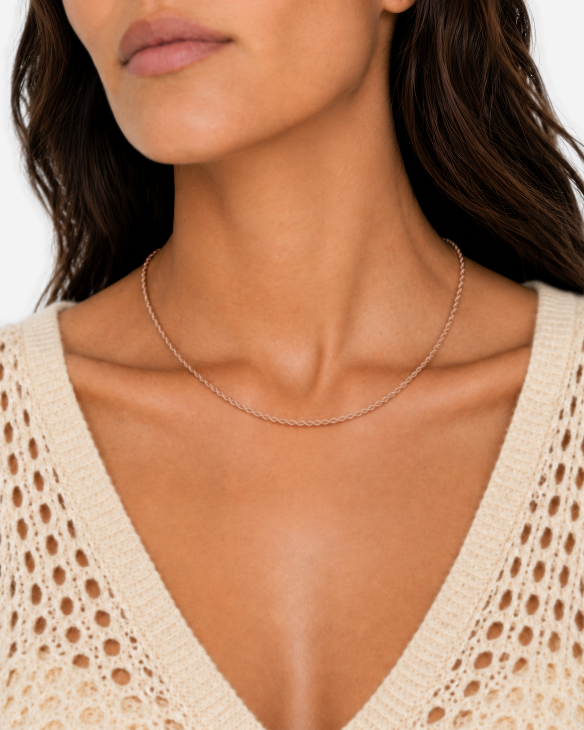 Kaia Rope Chain Necklace — 24 — Rose Gold — dark-teal/shell-pink outfit — model wide editorial