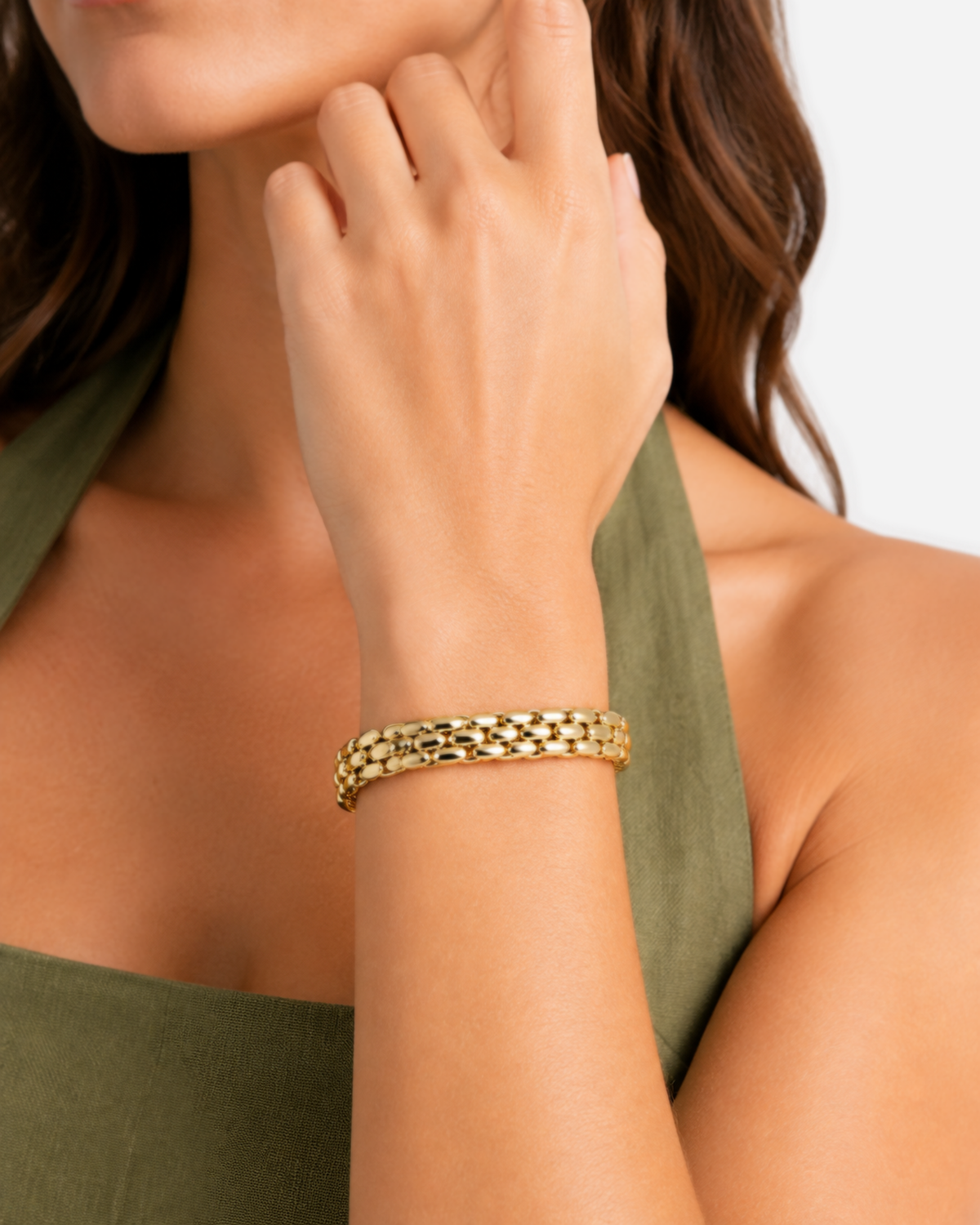 Ilaria Sifnos Bracelet — 25 — Gold — powder-blue/white outfit — raised-wrist close-up