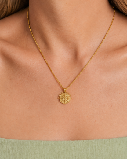 Marisol Golden Sun Necklace — 26 — Gold — shell-white open-collar resort shirt — on-body pendant detail