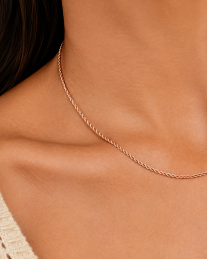 Kaia Rope Chain Necklace — 26 — Rose Gold — dark-teal/shell-pink outfit — human-scale rope detail