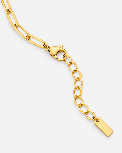 Lucienne Paperclip Bracelet — 27 — Gold — lobster clasp, oval extender and blank rectangular terminal macro