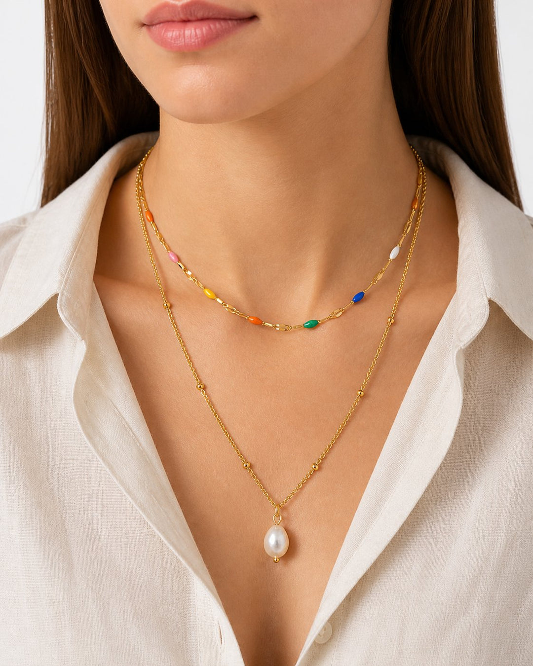 Akoya Layered Pearl Necklace - model front view