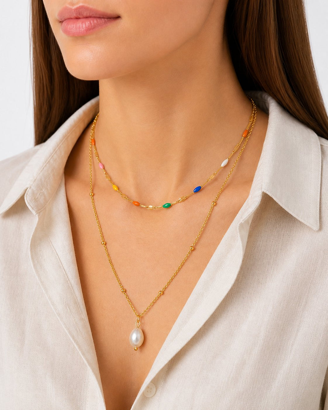 Akoya Layered Pearl Necklace - model three-quarter view
