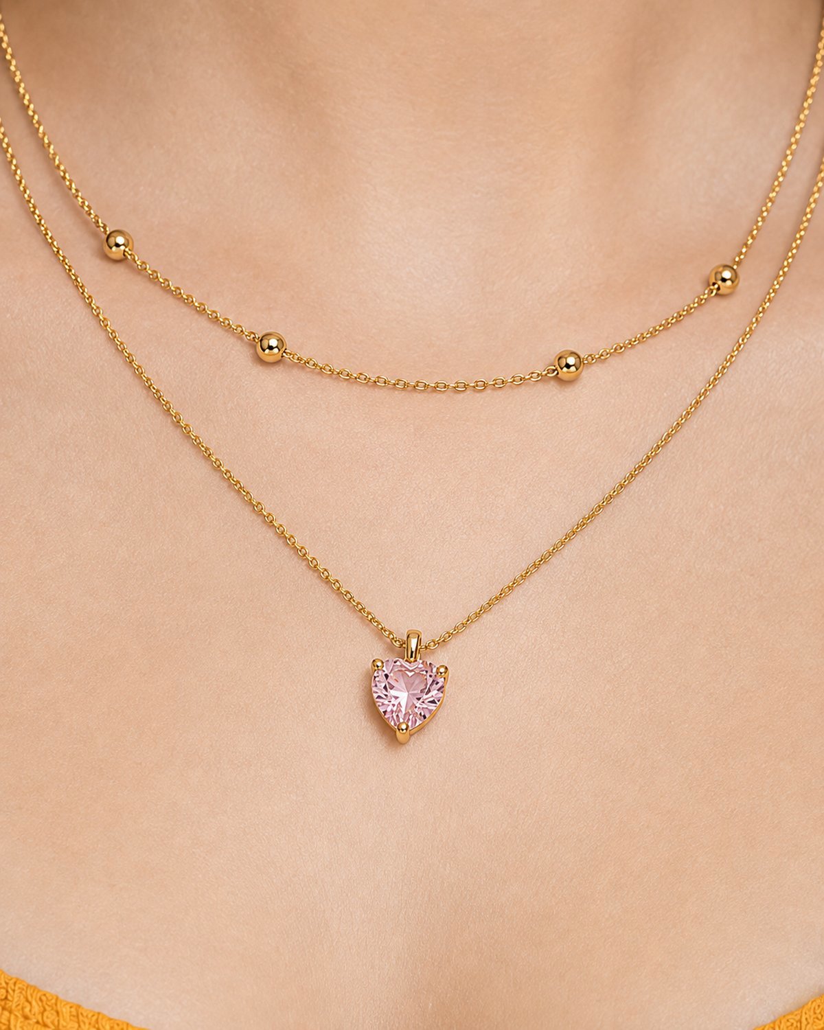 Jula Crystal Heart Layered Necklace — close wearing view