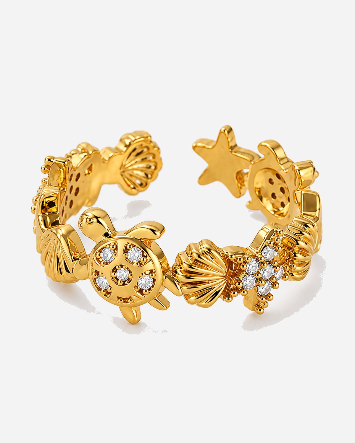 Turtle Reef gold-tone open ring with turtle, shell and starfish motifs and clear accents