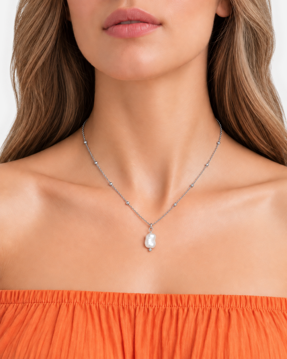 Alara Pearl Necklace — 17 — Silver station-chain wearing close-up