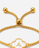 Clover Initial Bracelet — Gold bolo slider and twin terminal macro