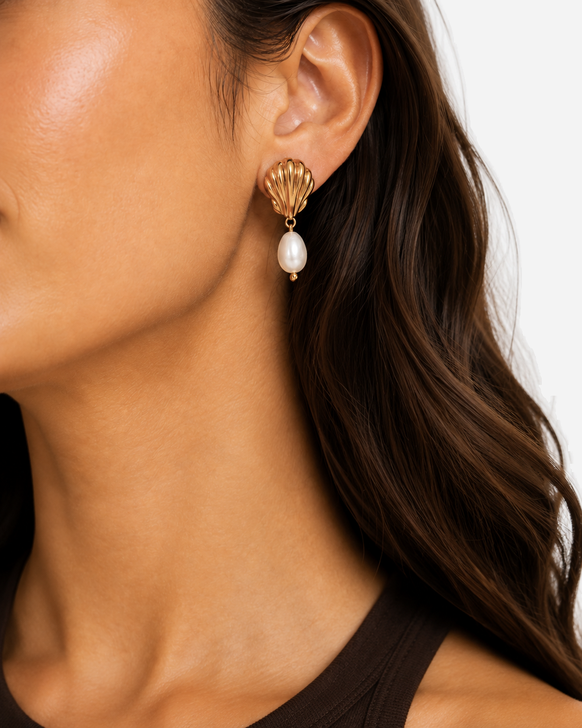 Helmi Pearl Shell Earrings — 18K Gold — model editorial portrait